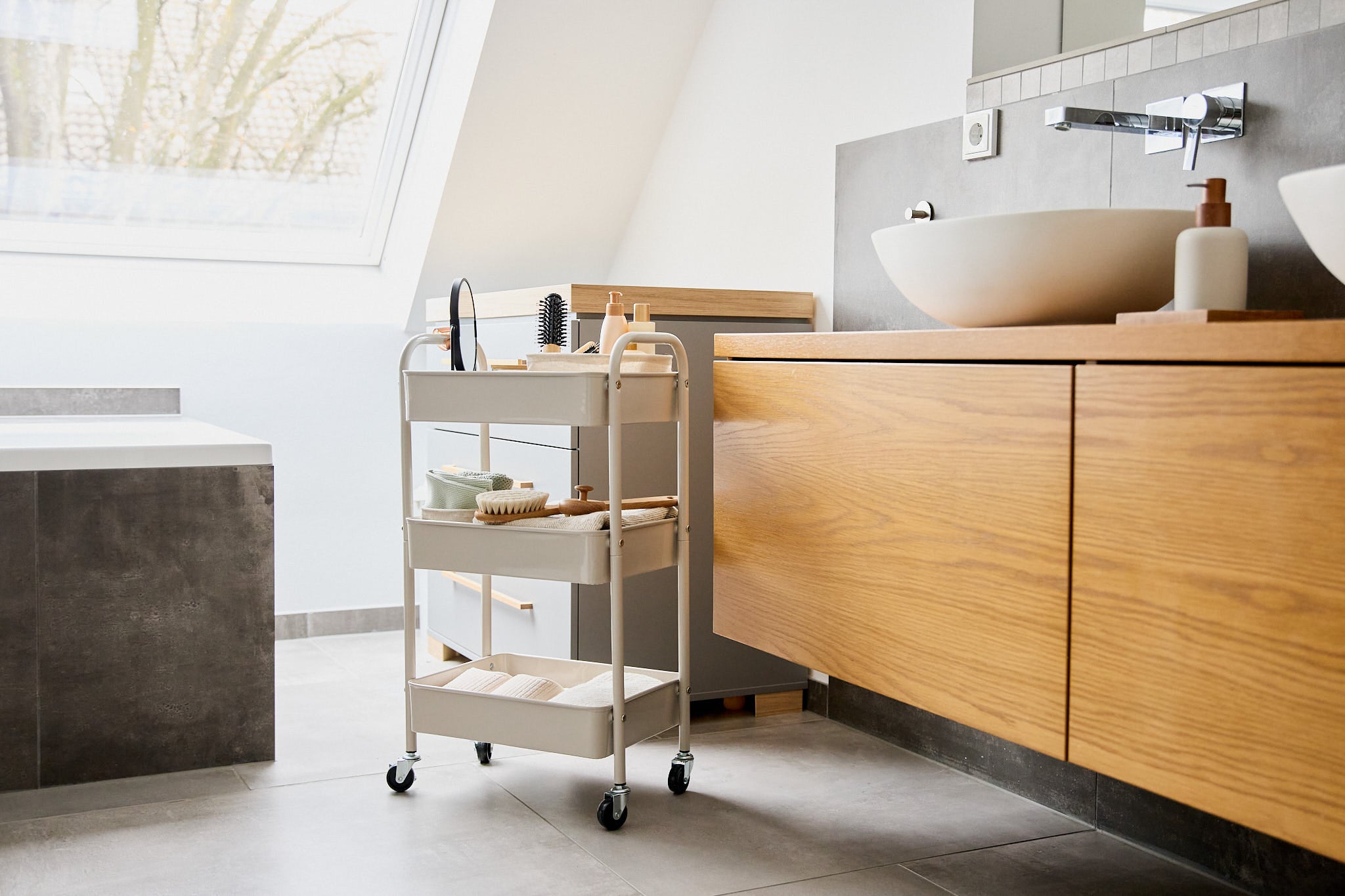 3 Tier Rolling Cart with Wheels - Grey Metal Utility Cart for Kitchen, Office, Bathroom Storage & Organization - Perfect for Home, Dorm, Salon Use
