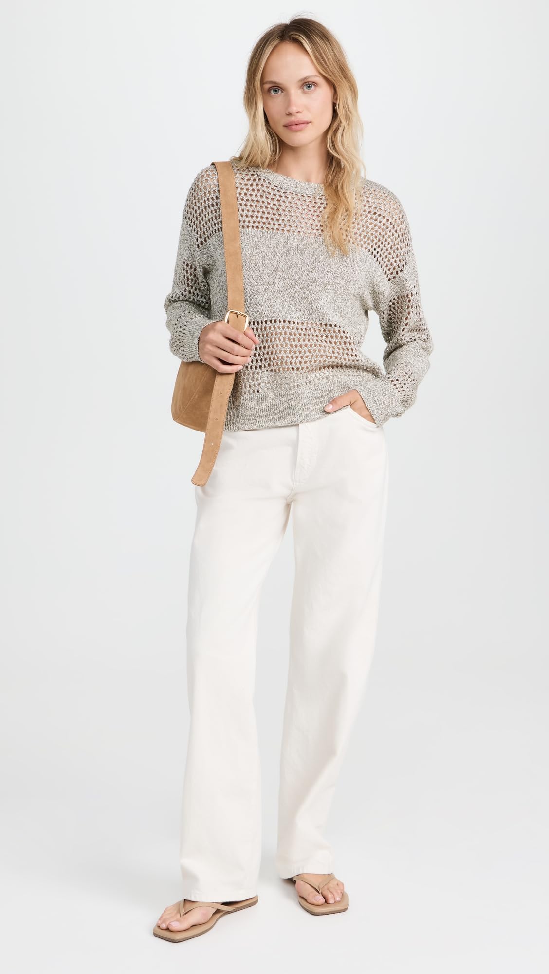 ATM Anthony Thomas Melillo Women's Cotton Linen Blend Open Knit Crew Neck Sweater - Lightweight Summer Pullover for Casual Outings & Beach Cover-Up