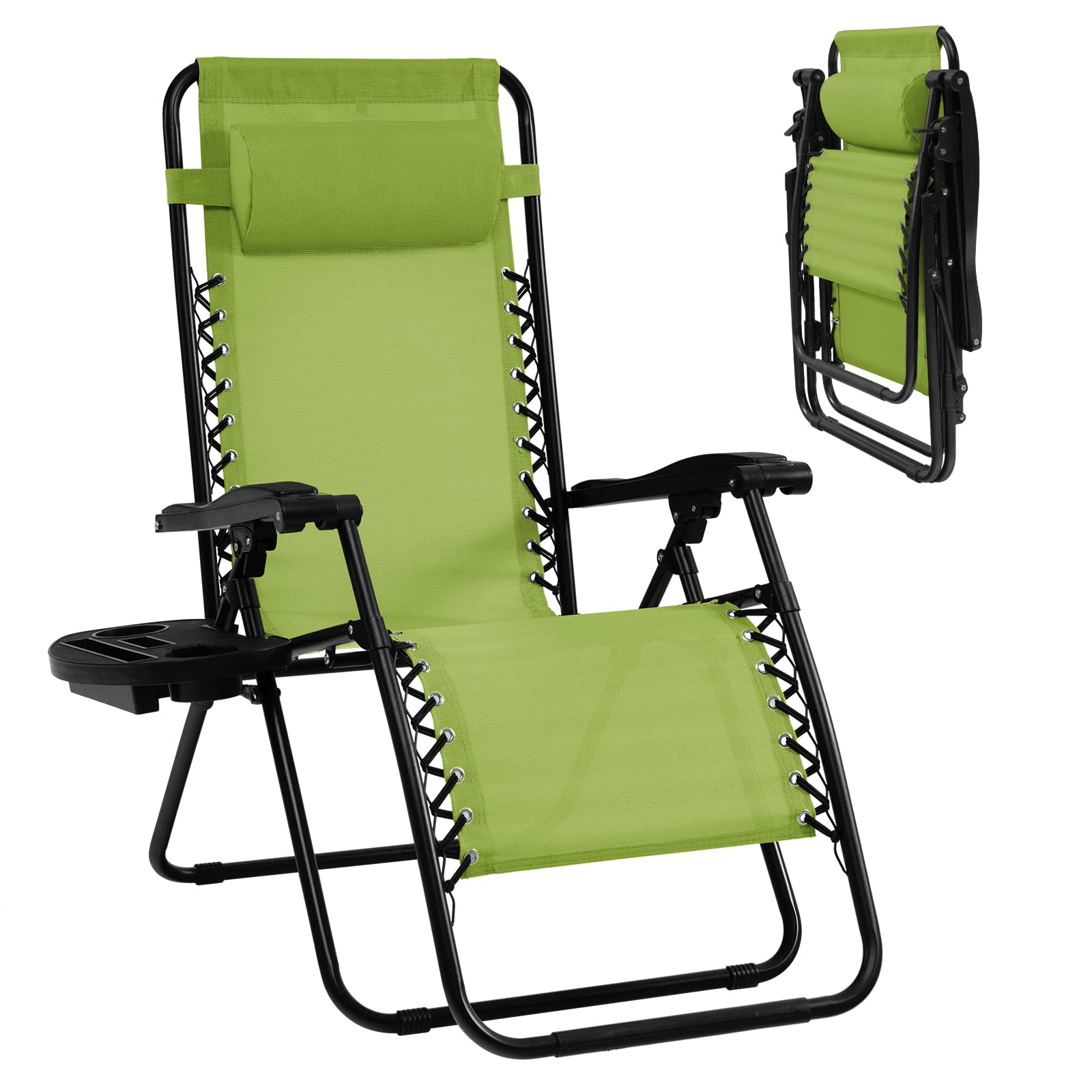 Goplus Zero Gravity Lounge Chairs - 160° Adjustable Folding Recliner with Pillow & Cup Holder, 350LBS Weight Capacity - Comfortable Outdoor Patio Chairs for Backyard, Poolside, Beach & Camping (Green, 1-Pack) - Perfect for Relaxing, Sunbathing & Outdoor Leisure