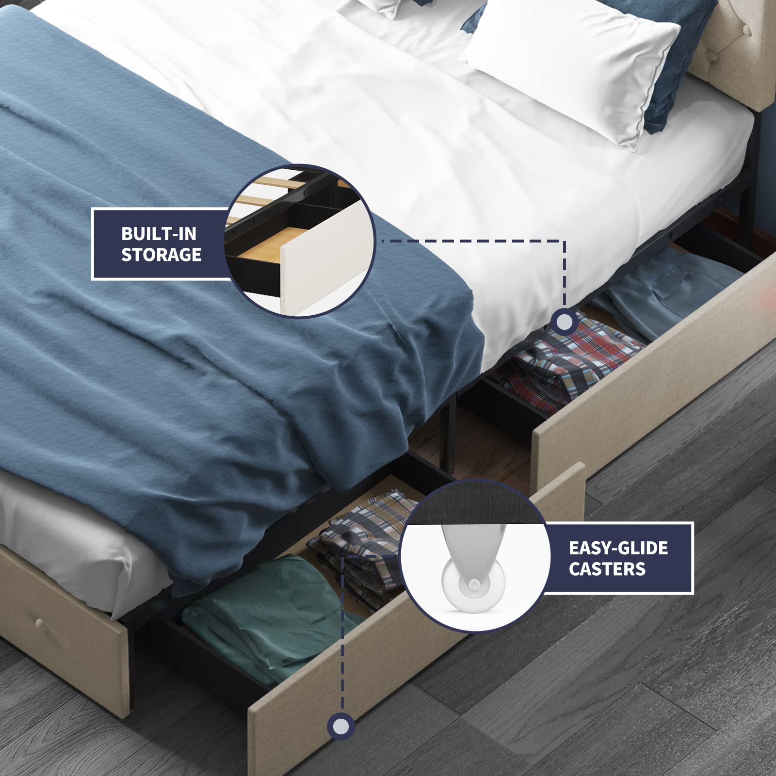 Platform King Bed Frame with Linen Fabric Headboard & 4 Storage Drawers - Diamond Stitched Button Tufted Design, Wooden Slats Support, No Box Spring Needed (Beige) - Perfect for Master Bedroom, Guest Room & Small Space Organization