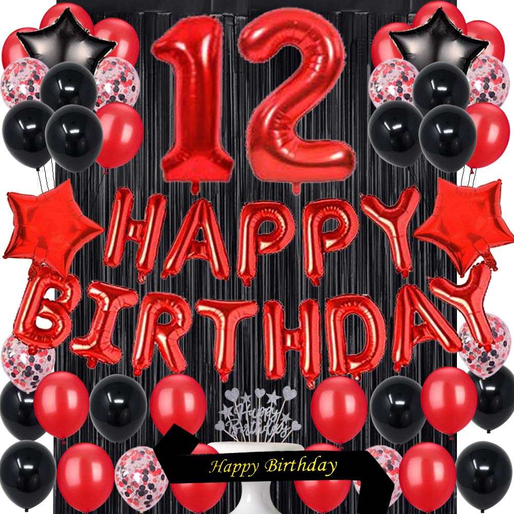 12th Birthday Party Decorations Kit - Red & Black Latex Balloons, Cake Topper, Sash, Foil Curtains & Star Balloons for Girls/Boys | Perfect for 12 Year Old Birthday Celebrations, Decorations & Photo Backdrops