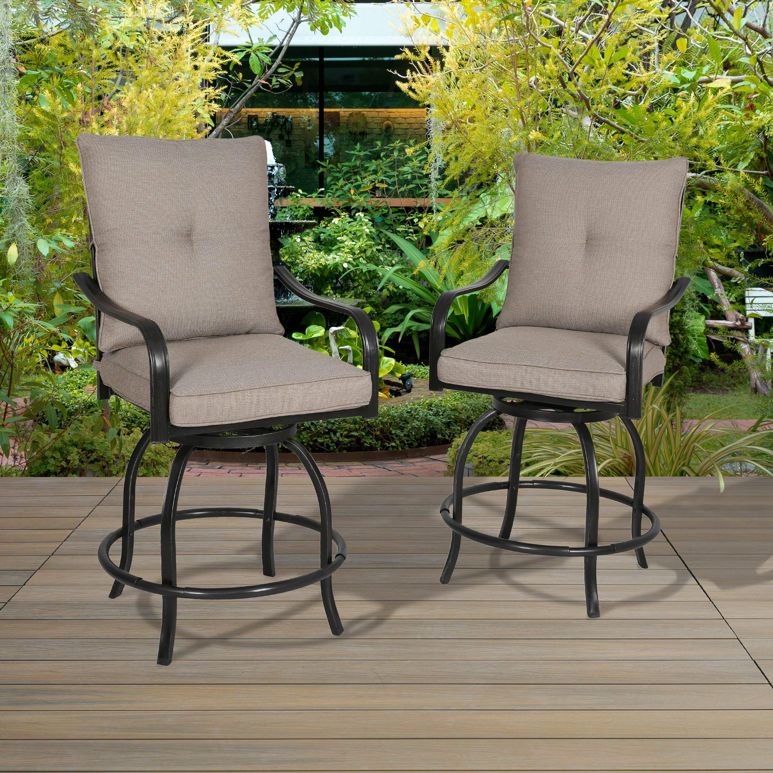 2 Pack Outdoor Swivel Bar Stools - Patio Counter Height Bistro Chairs with 100% Polyester Cushions, Beige - Perfect for Backyard, Deck, Garden & Poolside Relaxation