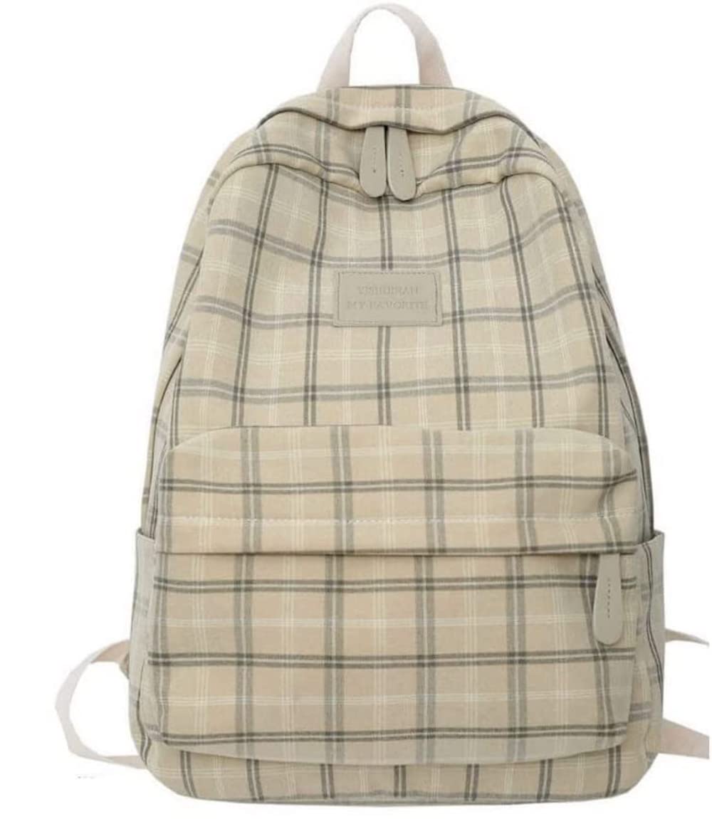 Light Academia Aesthetic Backpack - Plaid Preppy School Bag for Women & Men - Vintage College Rucksack with Laptop Compartment - Perfect for School, Work & Travel (Beige)