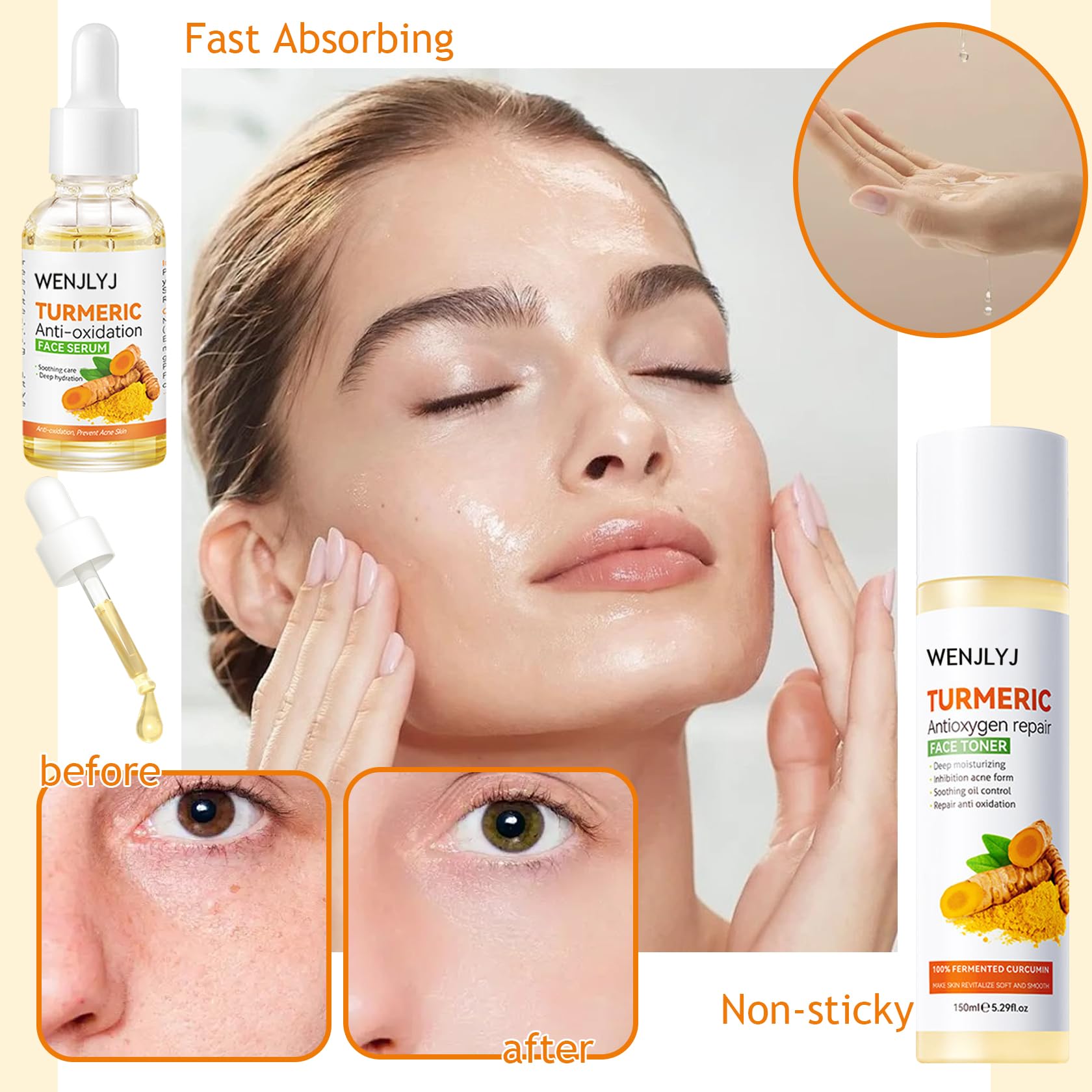 Organic Turmeric Soap Skincare Set with Honey Face Mask Sheets - Hydrating Travel Size Face Wash, Moisturizing Toner, Serum, Cream & Eye Cream - 9-Piece Anti-Aging Gift Set for Women - Perfect for Travel, Daily Routine & Spa Days