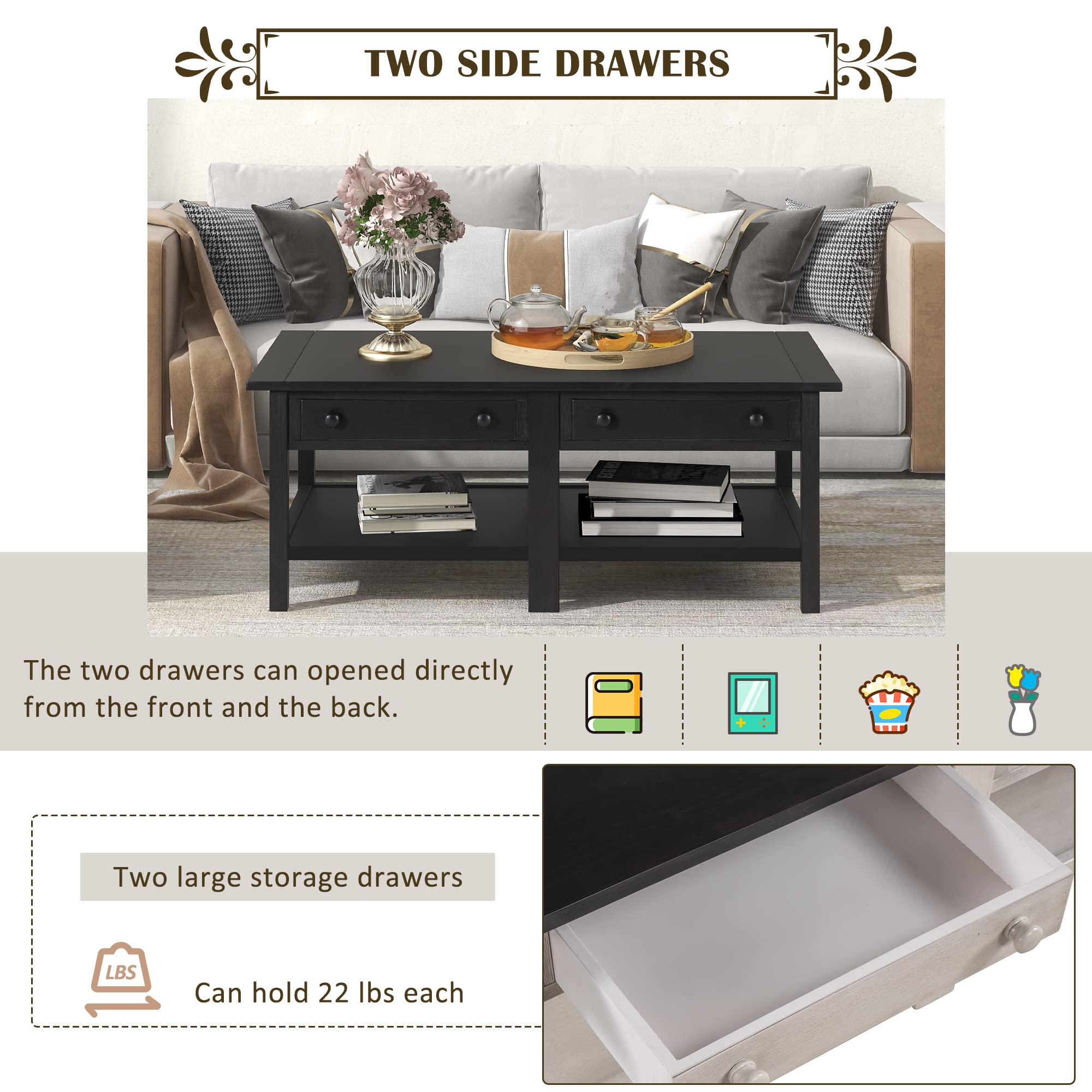 Solid Wood Coffee Table with 2 Drawers & Open Shelf - Large Storage American Classic Cocktail Table for Living Room, Office - Espresso Finish - Perfect for Entertaining, Relaxing & Home Decor