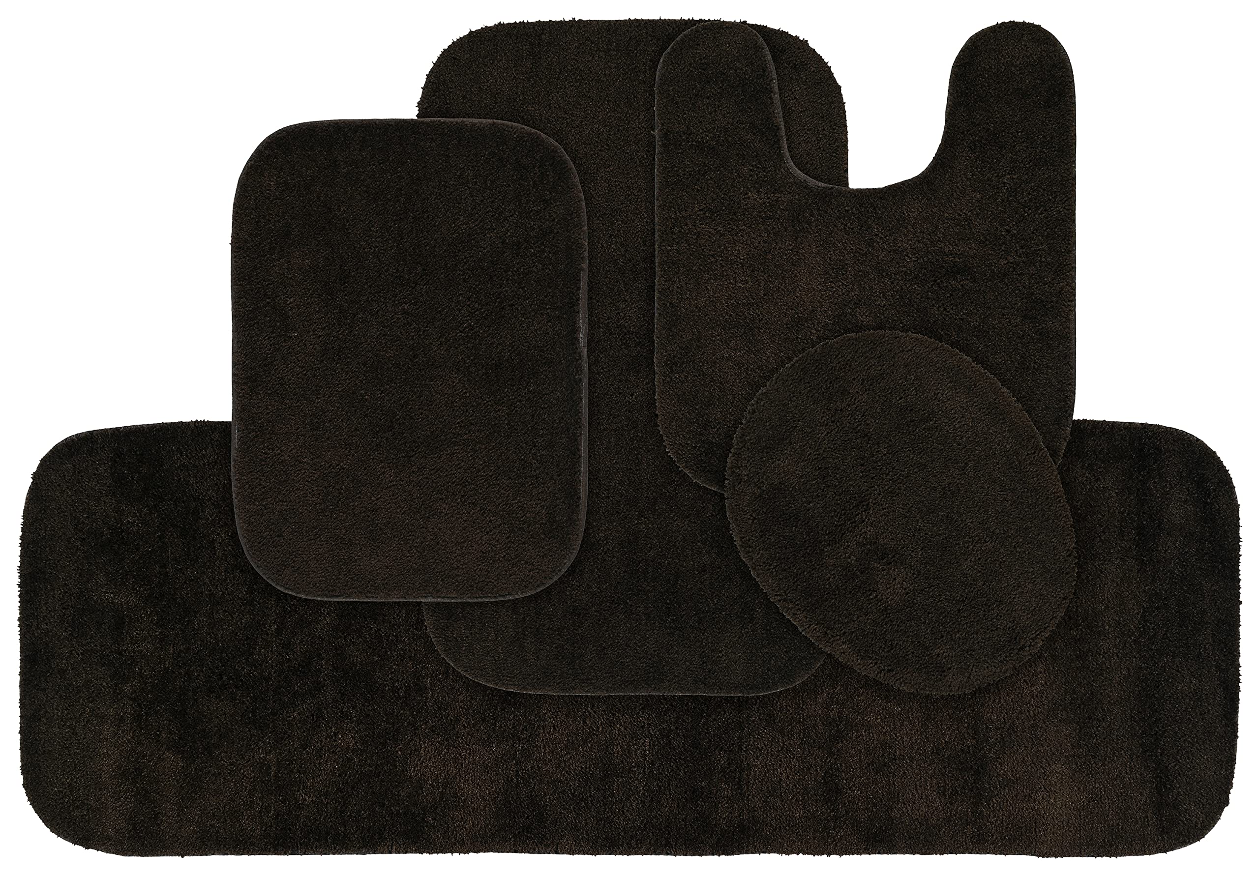 Garland Rug Traditional Nylon Washable Chocolate 5-Piece Bathroom Rug Set - Soft, Absorbent, Non-Slip Mats with Lid & Contour - Perfect for Bathroom, Shower & Vanity Areas
