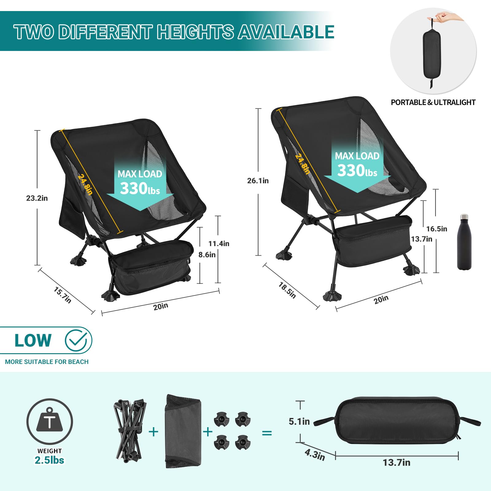 Ultralight Aluminum Camping Chair for Adults - Compact & Portable Backpacking, Hiking, Beach Chair with Anti-Sinking Feet - Perfect for Outdoor Adventures, Travel, Picnics, and Beach Relaxation