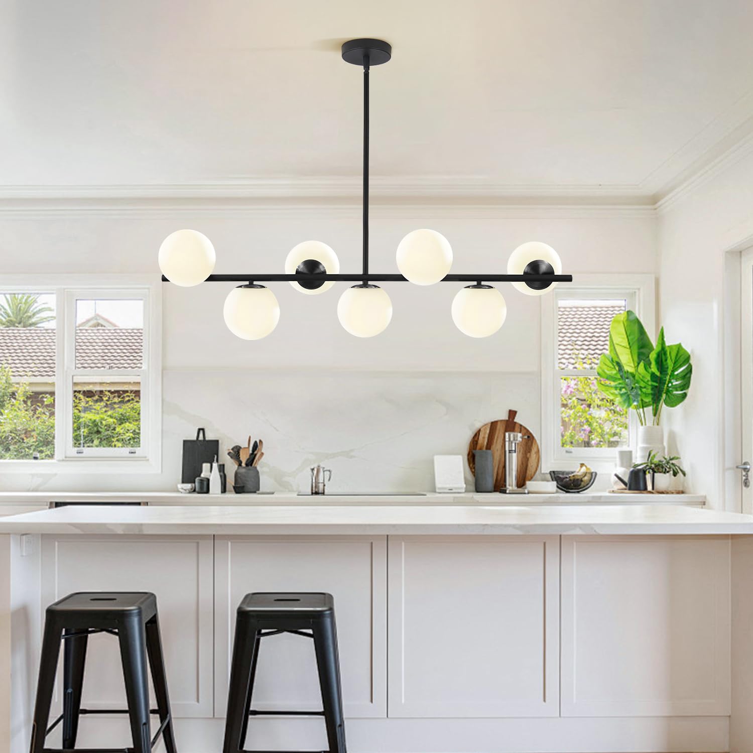 7-Light Black Glass Globe Chandelier - Mid-Century Modern Adjustable Bubble Sputnik Pendant Light for Kitchen Island, Dining Room & Living Room Ceiling Lighting (Black)
