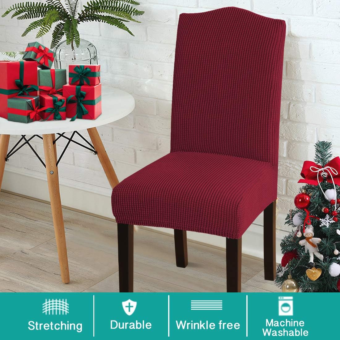 6 Pack Stretchable Spandex Turquoise Dining Chair Covers - Elastic Removable Slipcovers for Parson Chairs, Perfect for Christmas Decor, Restaurants, Weddings & Home Kitchen Use (Burgundy)