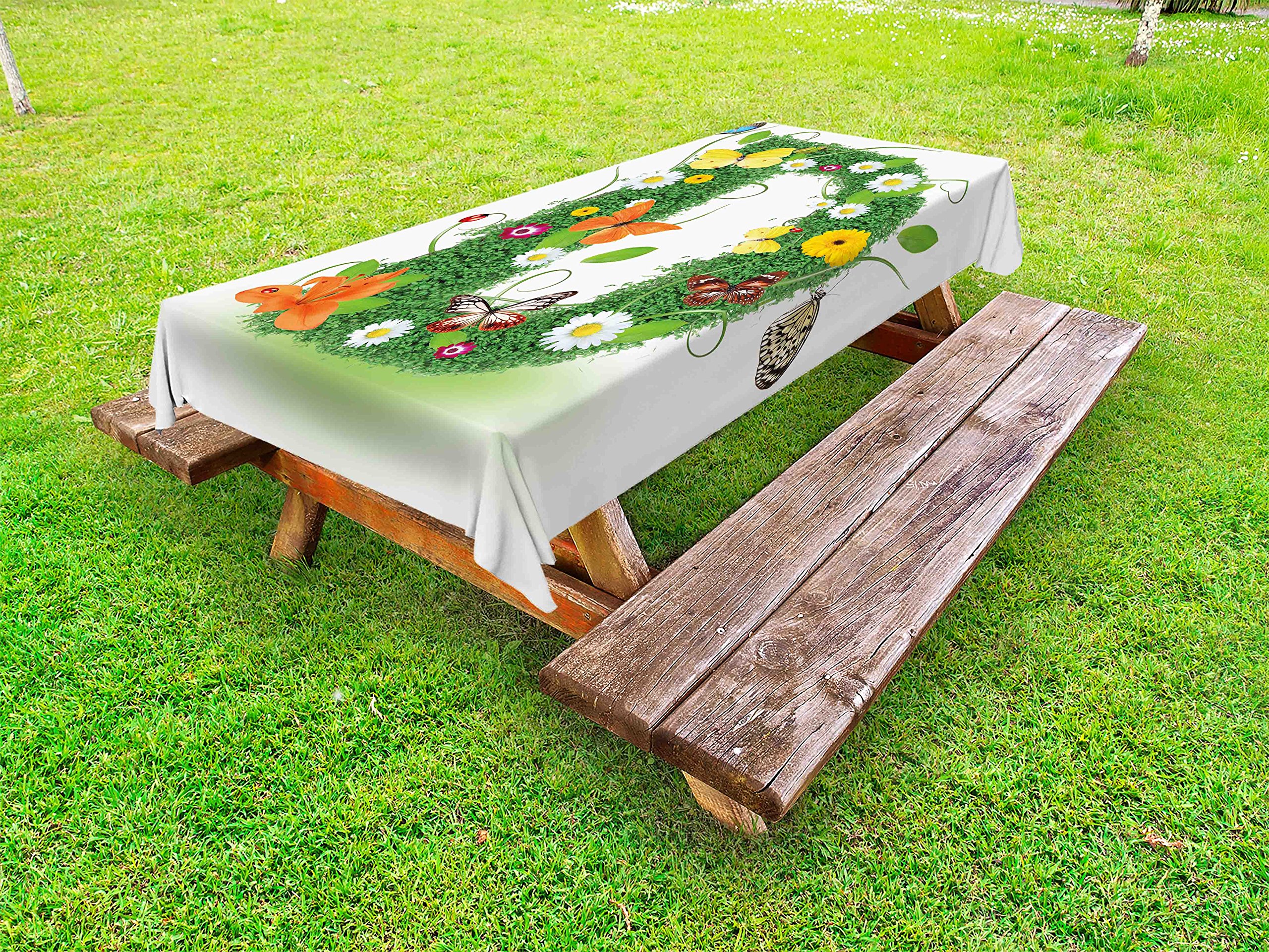 Ambesonne Letter D Outdoor Tablecloth - Exotic Floral Butterflies & Foliage Spring Design, Washable Picnic Table Cover 58