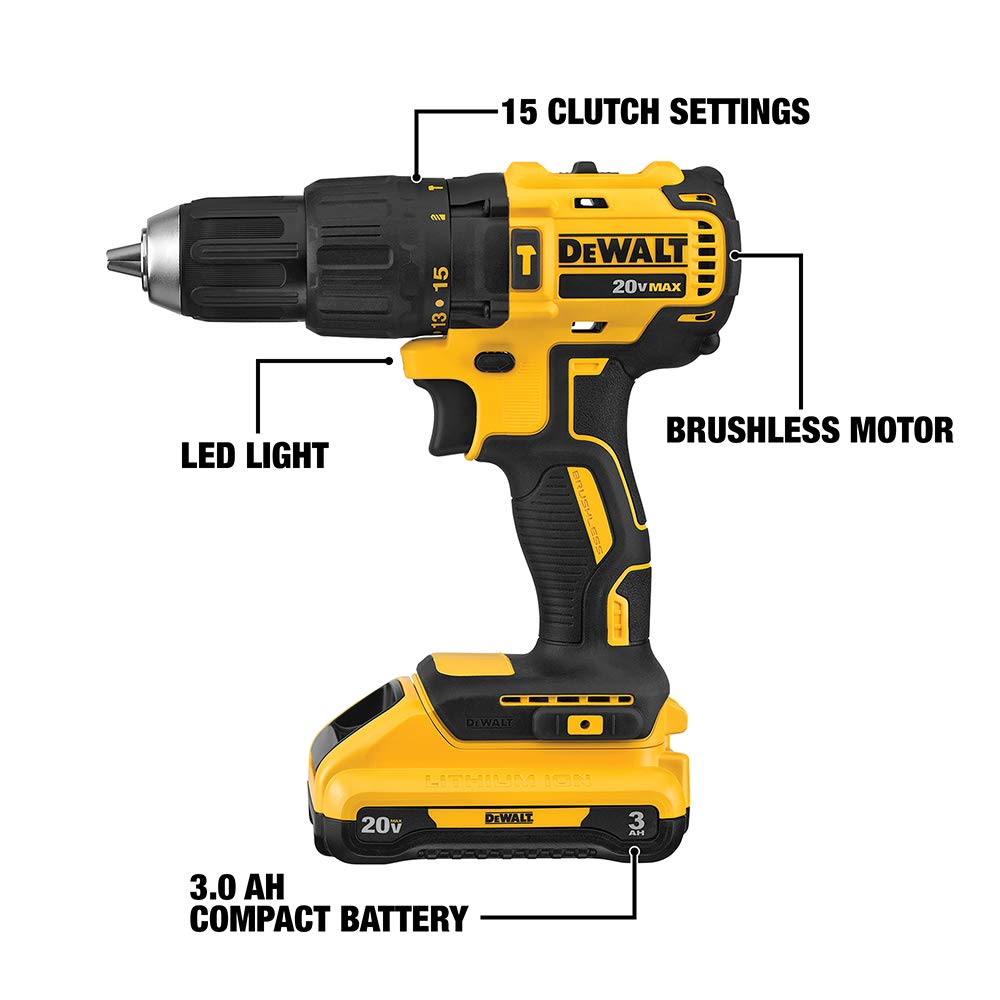DEWALT DCD778L1 20V Max* Cordless Compact Hammer Drill/Driver Kit - Powerful Lightweight Drill for Wood, Metal & Masonry - Perfect for DIY, Construction & Home Improvement Projects