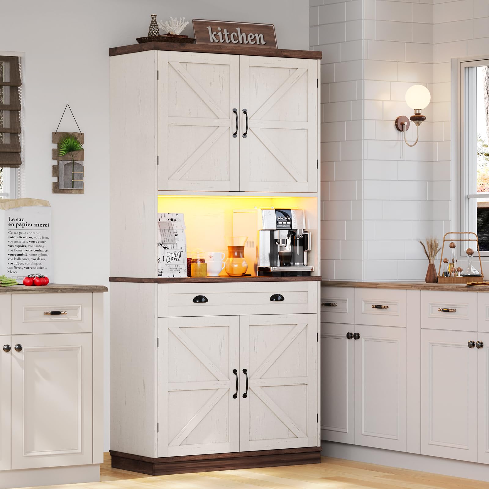 Farmhouse Style Kitchen Pantry Cabinet with Work Table - 72.6