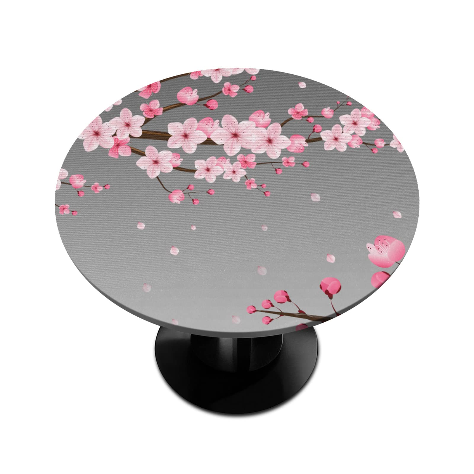 Japanese Style Cherry Blossom Floral Round Tablecloth - Non-Slip Elastic Edged Waterproof Polyester Table Cover (Fits 45