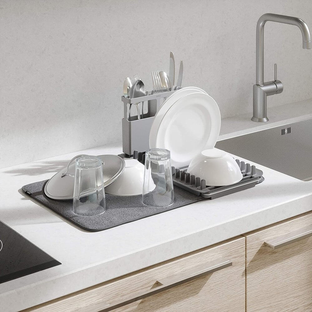Umbra Udry Over Sink Dish Rack with Microfiber Drying Mat - Space Saving Kitchen Organizer for Small Spaces, Dish Drainer & Drying Rack for Countertop - Perfect for Apartments, RVs & Compact Kitchens (Grey)