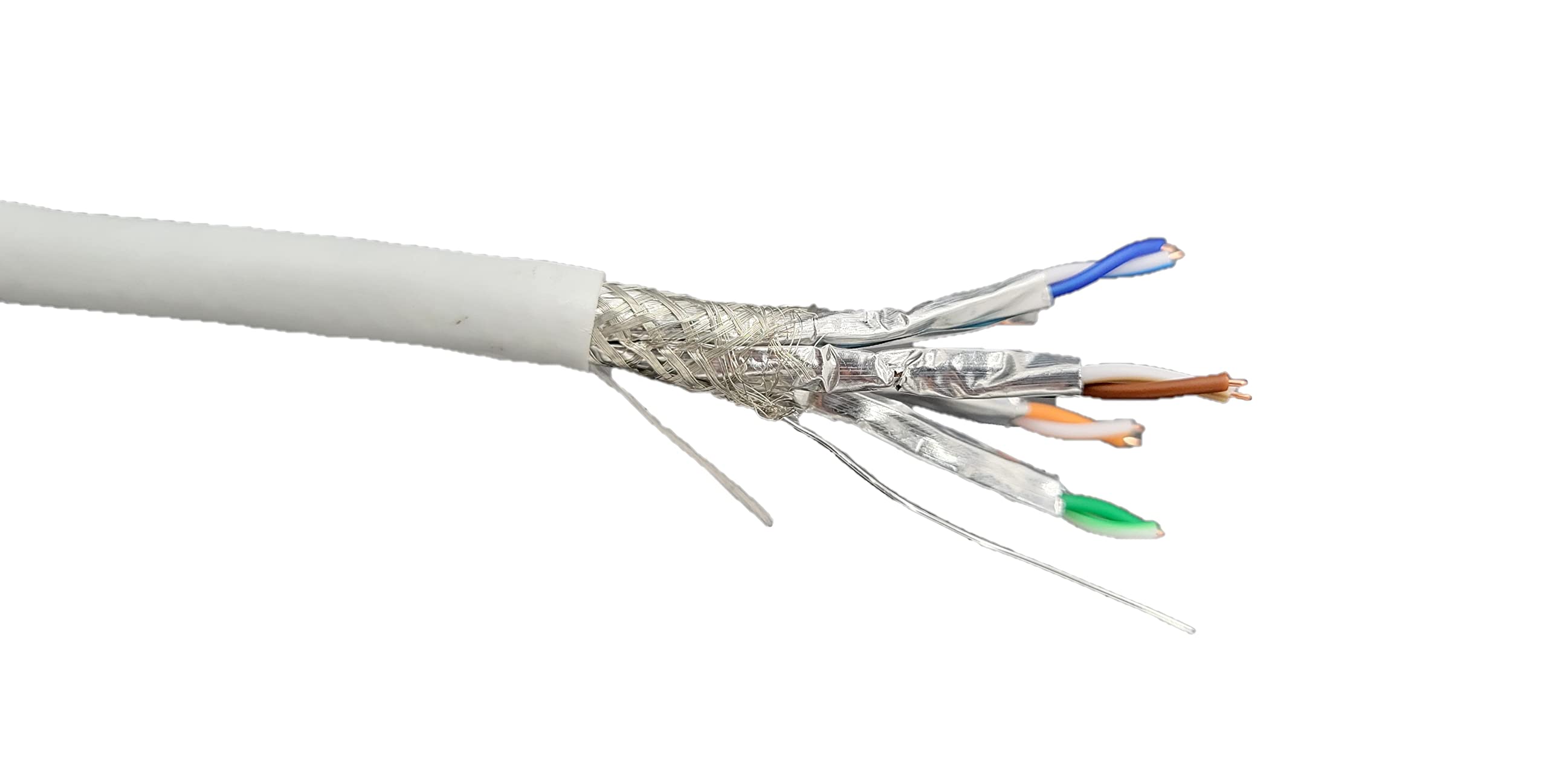 250 Feet Cat7 23AWG Solid Shielded Bulk Ethernet Cable (S/FTP) CMR Riser-Rated White - 10-Pack Universal Shielded RJ45 Connectors (TR4-80SRWH250-K) - Perfect for High-Speed Networking, Data Centers & Office Installations