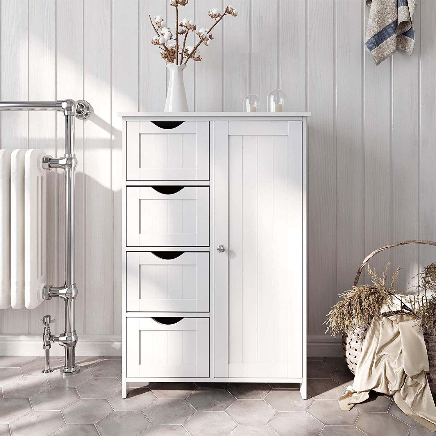 White 4-Drawer Bathroom Storage Cabinet with Cupboard - Freestanding Organizer for Bathroom, Office, Entryway & Living Room - Perfect for Towels, Toiletries, Office Supplies & Home Decor