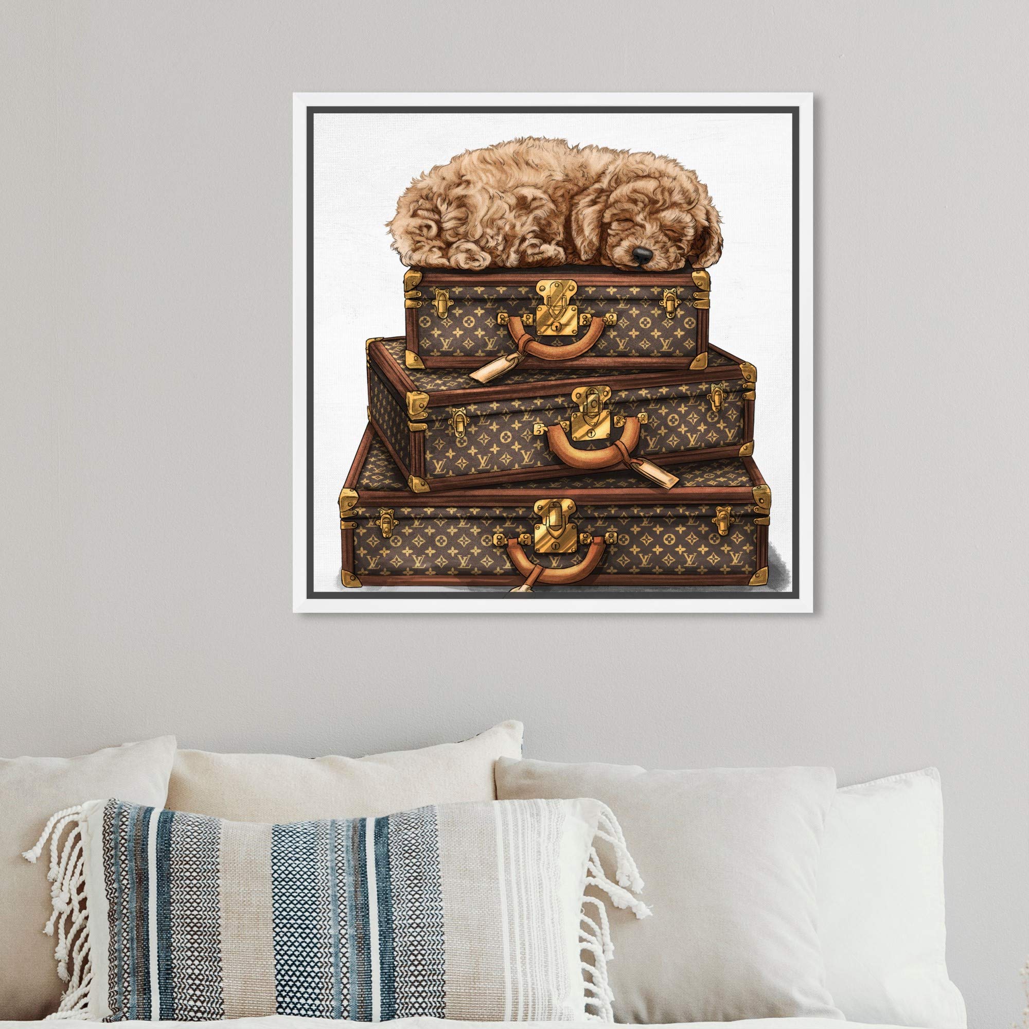 Oliver Gal Artist Co. 'Sleeping Poodle' Framed Wall Art - 12x12 Inch Brown & White Canvas Print for Home Decor, Bedroom, Living Room & Office | Fashion & Glam Travel-Themed Artwork