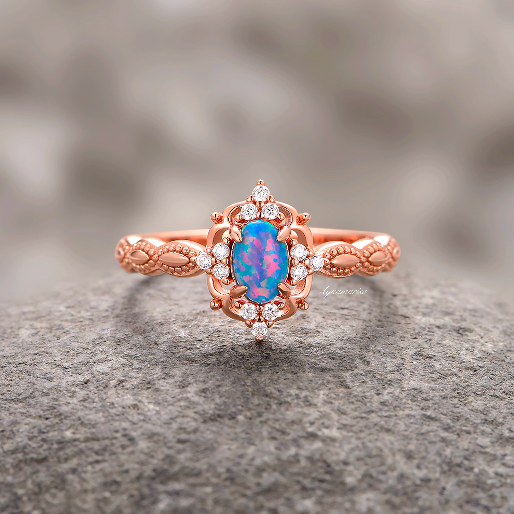 Vintage Blue Fire Opal Ring - 14K Rose Gold Vermeil Jewelry for Women | Elegant Statement Ring for Parties, Weddings & Special Occasions
