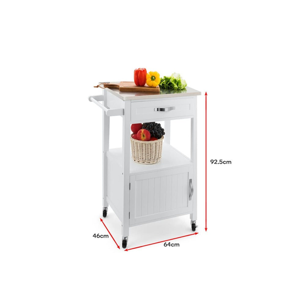 Premium Stainless Steel Top with Wooden Frame Kitchen Cart - White | Rolling Kitchen Island for Small Spaces, Dining Room & Food Prep Station