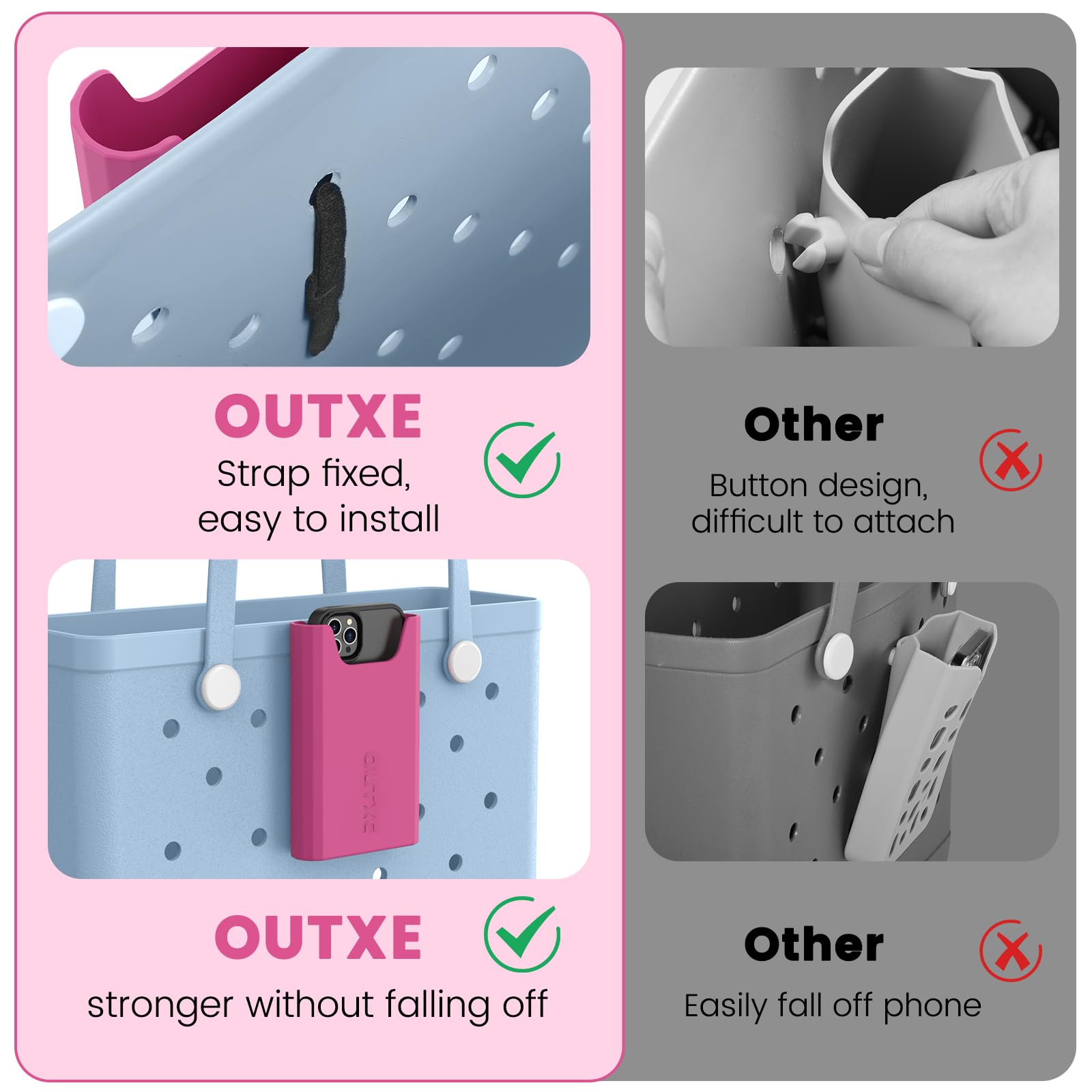 OUTXE 2 Pack Silicone Phone Holder for Bogg Bag - Universal Phone Case Holder Charms Accessory Compatible with All Bogg Bags & Beach Totes - Secure Cell Phone Attachment for Pool, Beach, Shopping & Outdoor Activities