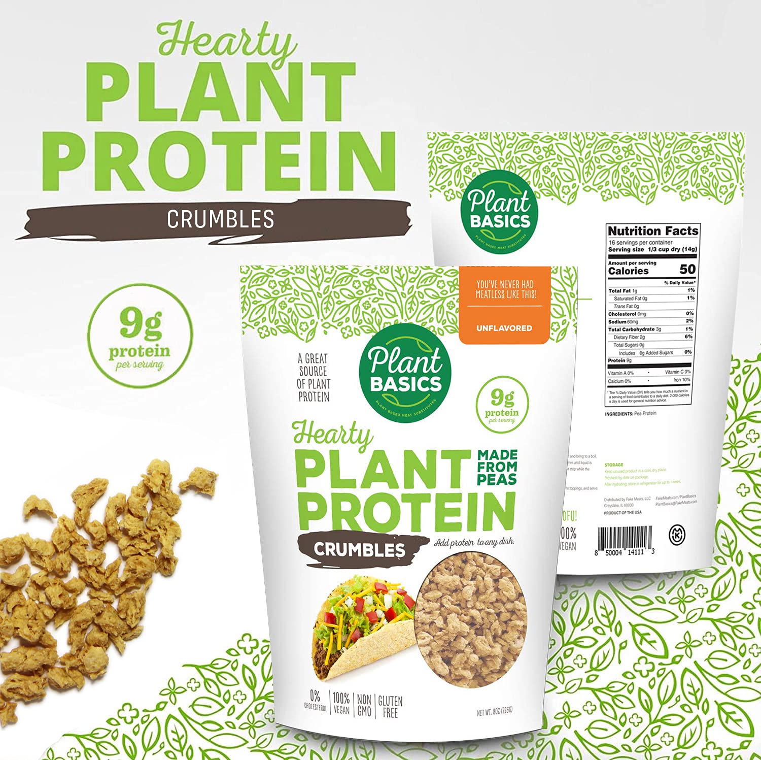 Hearty Plant Protein Crumbles - Unflavored, 8 oz (Pack of 6) | Pea-Based, Non-GMO, Gluten-Free, Low Fat & Sodium | Vegan Meat Substitute for Burgers, Tacos & Pasta Dishes