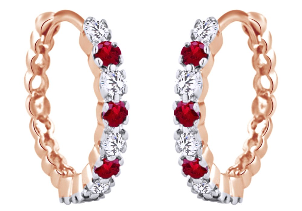 14K Gold Over Sterling Silver Round Cut Pink Simulated Ruby & White Sapphire Hoop Earrings for Women - Perfect for Weddings, Parties & Special Occasions