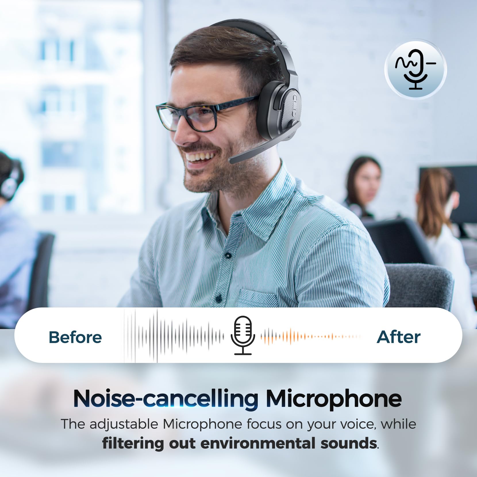 Wireless Bluetooth Headset with Noise Cancelling Microphone - 50+ Hours HD Talk Time, Detachable Earpad, Single/Dual Mode - Perfect for Truck Drivers, Office Work, Home Use & Long Driving Sessions (Silver)