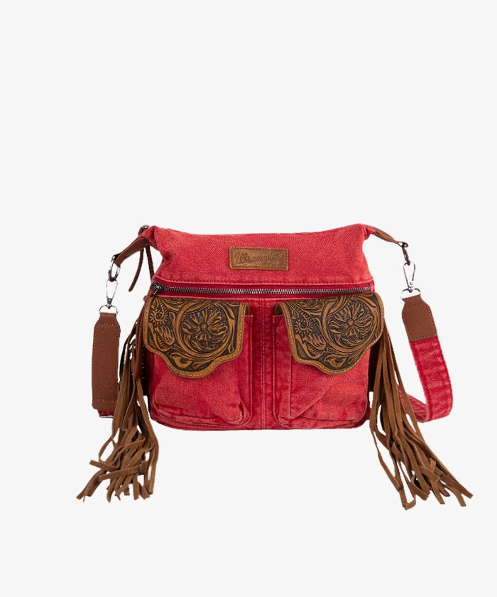 Wrangler Fringe Floral Tooled Denim Crossbody Bag for Women - Western Style Handbag Purse for Casual Outings, Music Festivals & Country Events