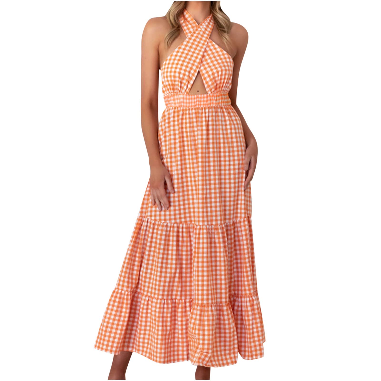 Women's Summer Beach Dresses - Bohemian Floral Print Cold Shoulder Maxi Dress with Halter Neck & Ruffles | Perfect for Vacations, Pool Parties & Date Nights
