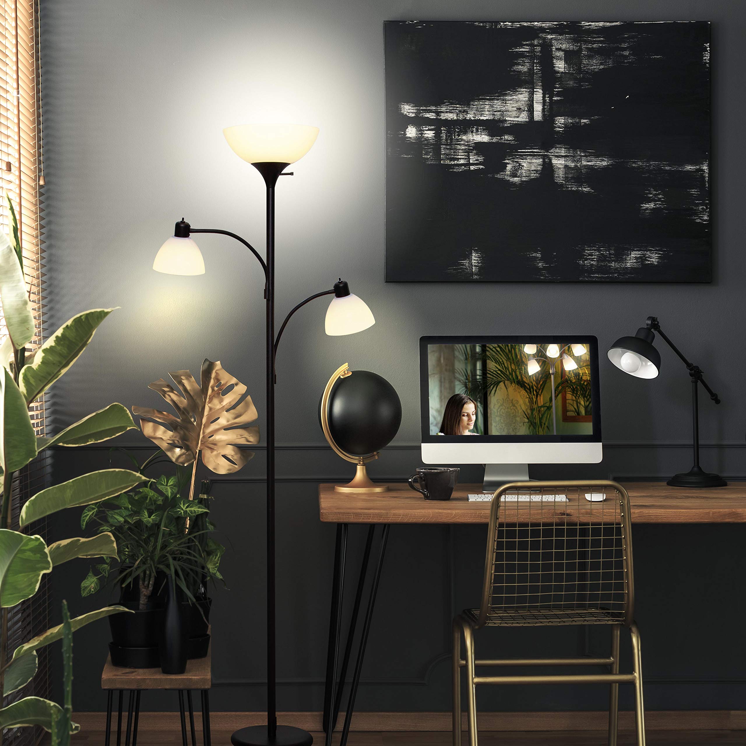 Brightech Sky Dome Double LED Floor Lamp - Super Bright Torchiere with 2 Adjustable Reading Lights, Dimmable Tall Standing Lamp for Living Room, Office & Bedroom - Black Modern Floor Light for Reading, Working & Relaxing