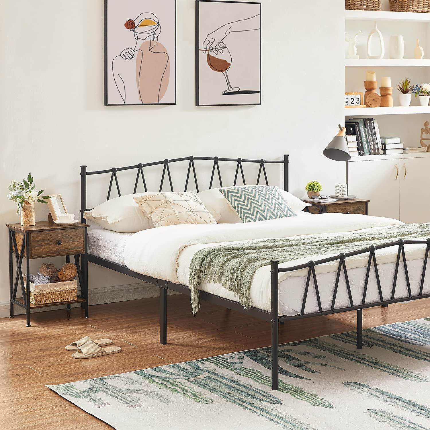 VECELO 2-Piece Nightstand Set - Modern Industrial Side Tables with Drawer & Storage Shelf for Bedroom & Living Room - Wood & Metal End Tables in Brown - Perfect for Small Spaces, Apartment Furniture & Home Decor