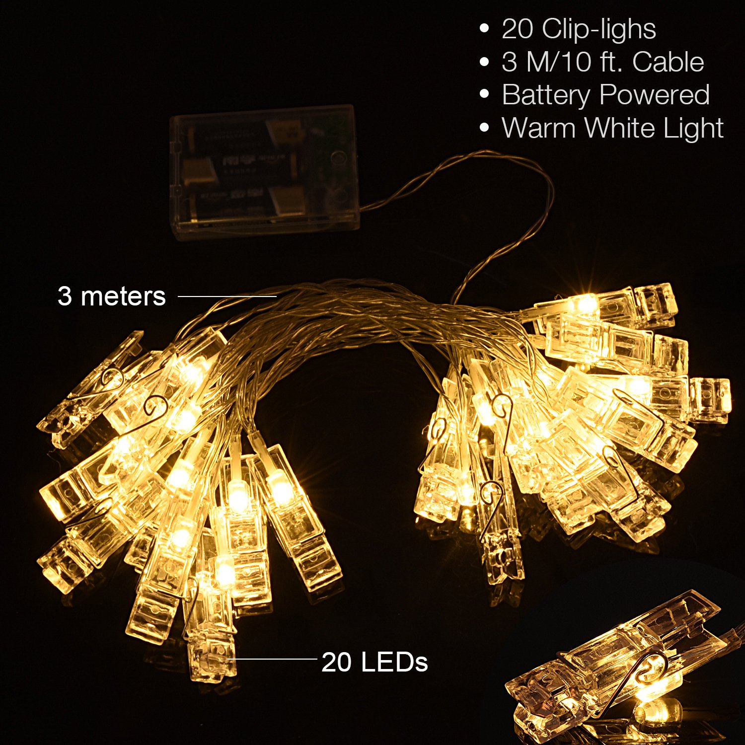 AOSTAR 20 LED Battery Operated Fairy String Lights - 10FT Warm White Photo Clip Lights for Bedroom Decor, Teen Girls Room, Thanksgiving Christmas Wedding Party Decorations - Perfect for Hanging Photos, Creating Cozy Atmosphere & Holiday Lighting