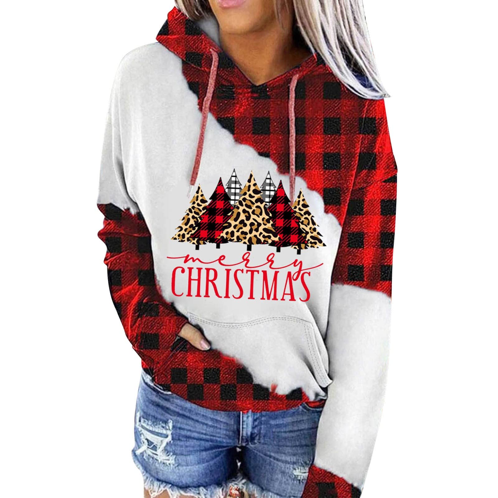UYTOGOFE Women's Christmas Color Block Hooded Sweatshirt - Cozy Long Sleeve Pullover for Fall & Winter | Casual Holiday Outfit, Gift for Her, Christmas Party Wear