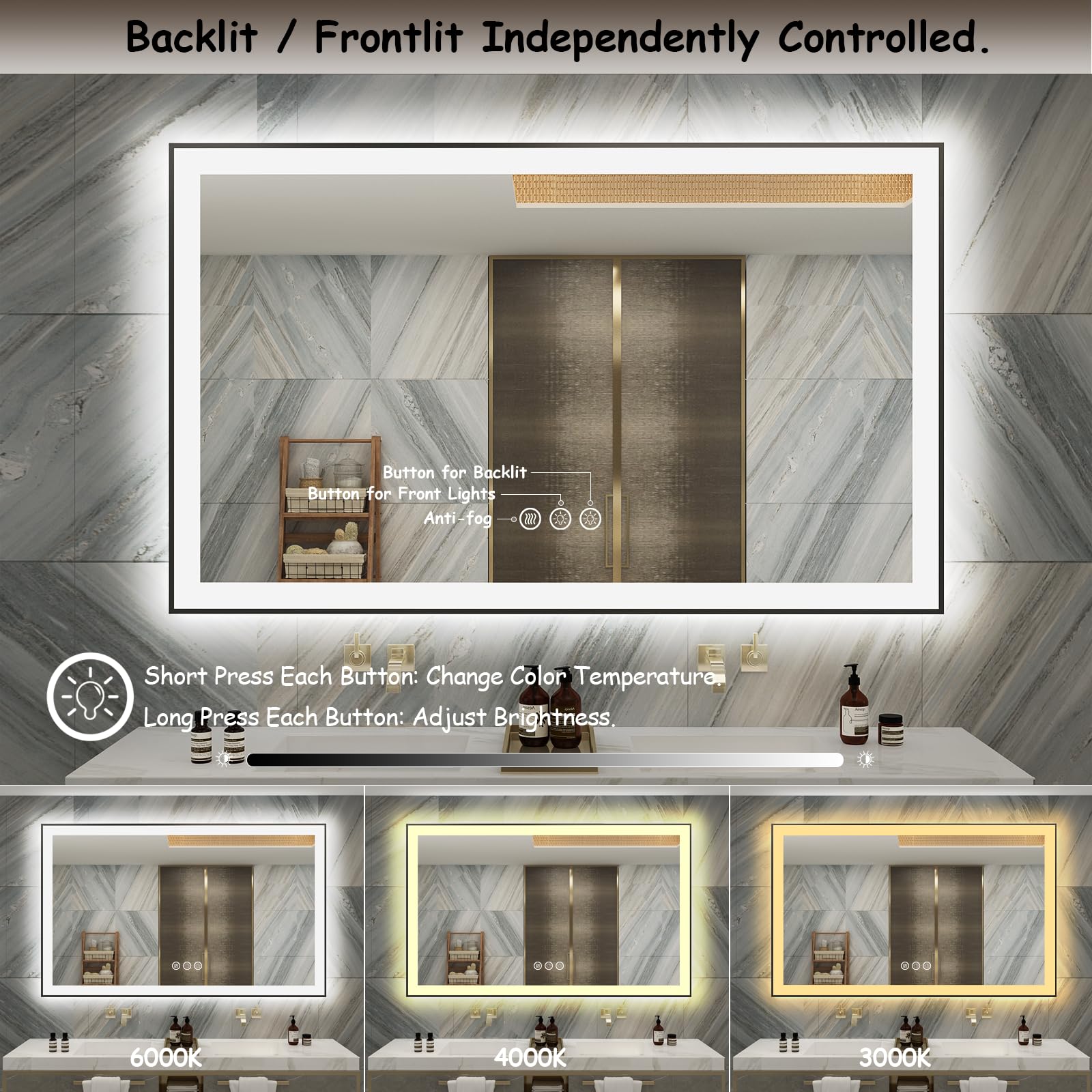 55x36 Inch LED Bathroom Mirror with Dimmable Lights - Anti-Fog, Shatterproof Wall Mount Vanity Mirror with Front & Backlit Lighting (ETL Certified) - Perfect for Makeup, Shaving & Modern Bathroom Decor