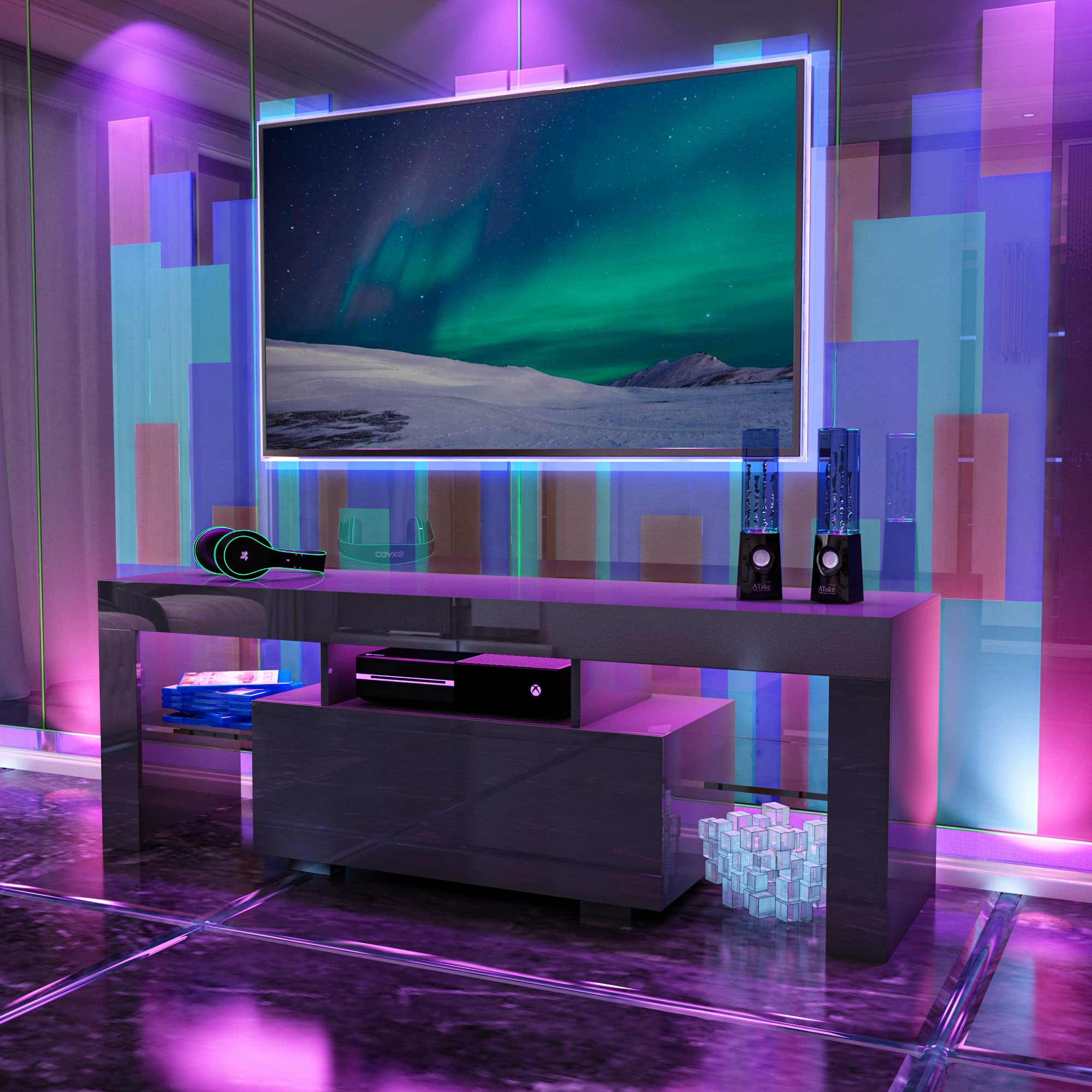 WERSMT Black TV Stand with LED Lights, Modern High-Gloss Entertainment Center for 55-60 Inch TVs - 2 Glass Open Shelves & Storage Drawer | Perfect for Living Room, Bedroom & Home Theater Setup