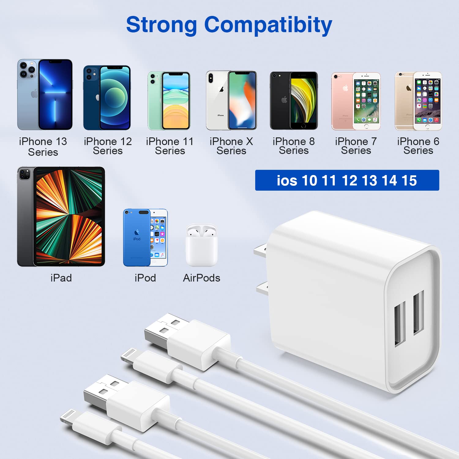 Apple MFi Certified USB Wall Charger with 3FT Lightning Cable - Fast Charging Block for iPhone 12/11/XR/X/Xs/8/7/6/SE, iPad - 2 Port Power Adapter for Home, Office & Travel (White)