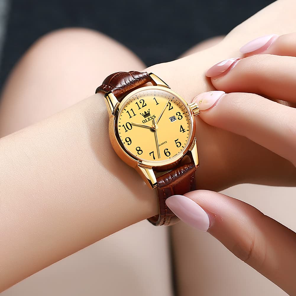 OLEVS Women's Business Dress Watch - Brown Leather Strap, Small Analog Face, Quartz Movement with Calendar & Date Display | Waterproof & Luminous | Perfect for Office, Formal Events & Everyday Wear | Classic Retro Style Ladies Wristwatch Gift