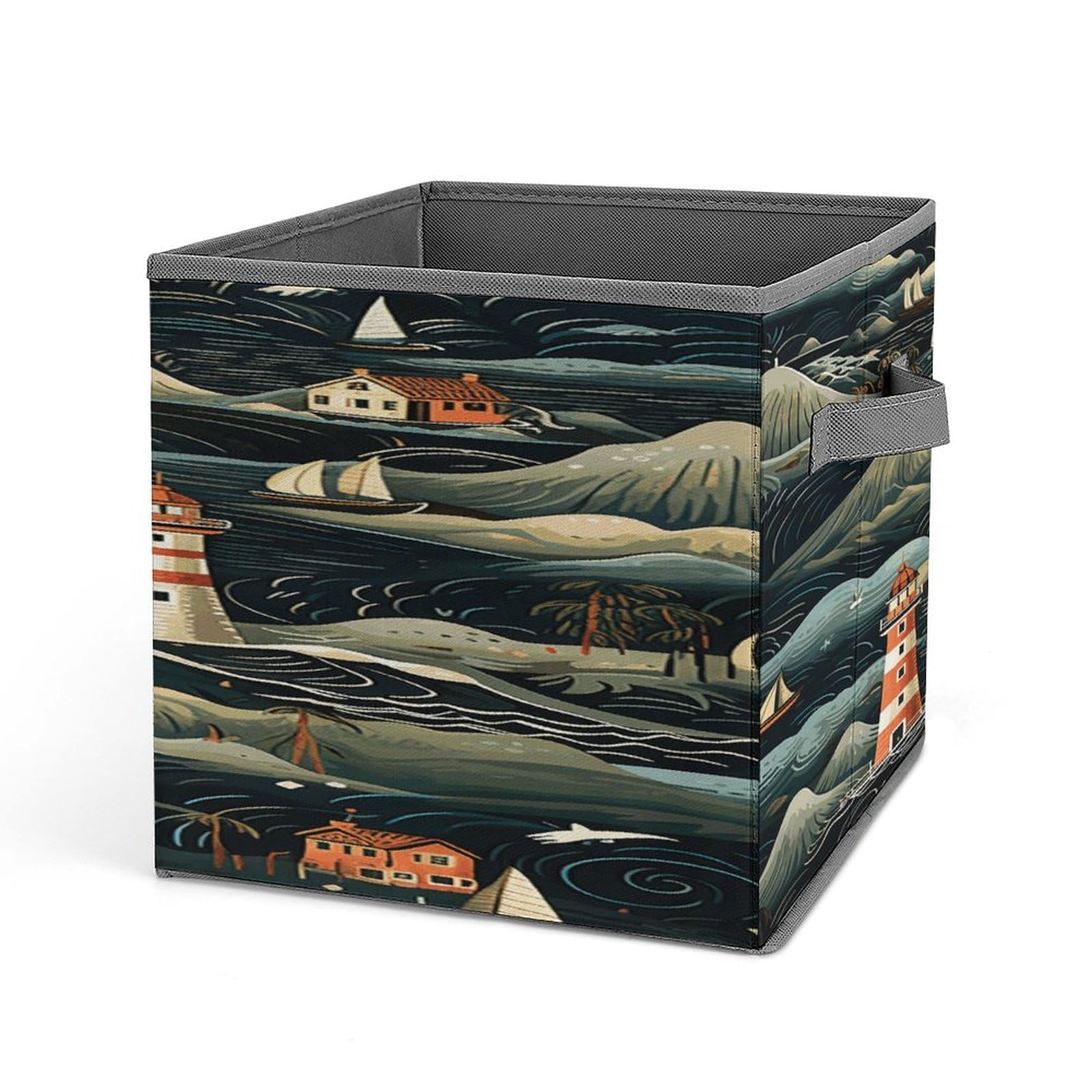 Collapsible Storage Cubes with Handles - 10.6x10.6 Inch Foldable Fabric Bins for Home Organization (Black Lighthouse Print) - Perfect for Closet, Nursery, Office & Toy Storage