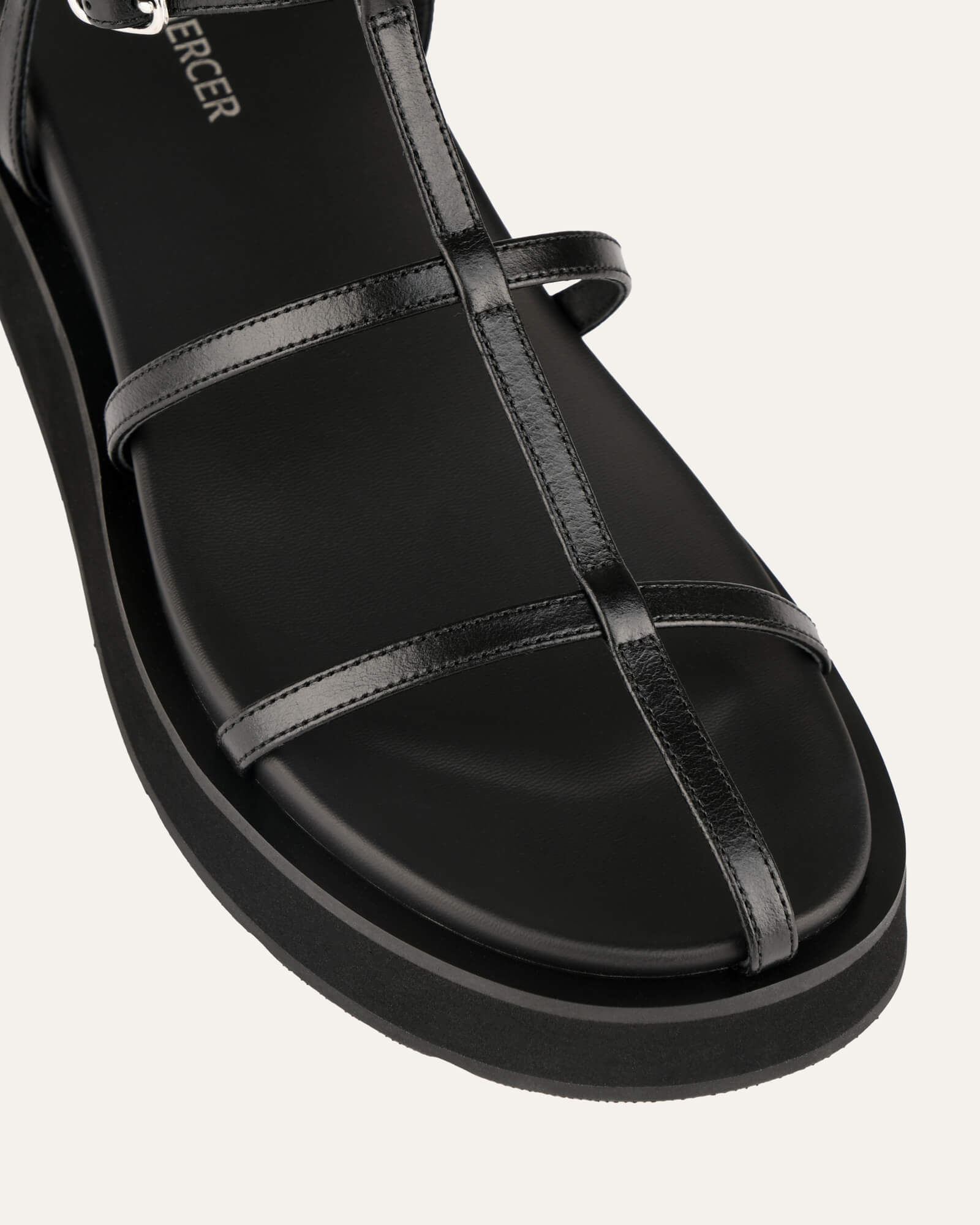 MINA Women's Flat Sandals - Black Leather Comfortable Slides for Beach, Pool & Summer Outfits
