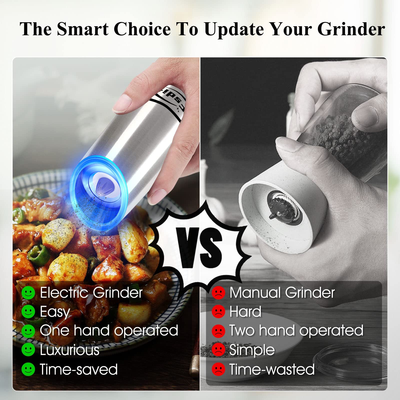 Premium Gravity Electric Salt and Pepper Grinder Set - Adjustable Coarseness, Battery Operated Automatic Spice Mills with LED Light for Easy One-Handed Operation (2-Piece Set) - Perfect for Kitchen, Dining Table, Camping & Gifting