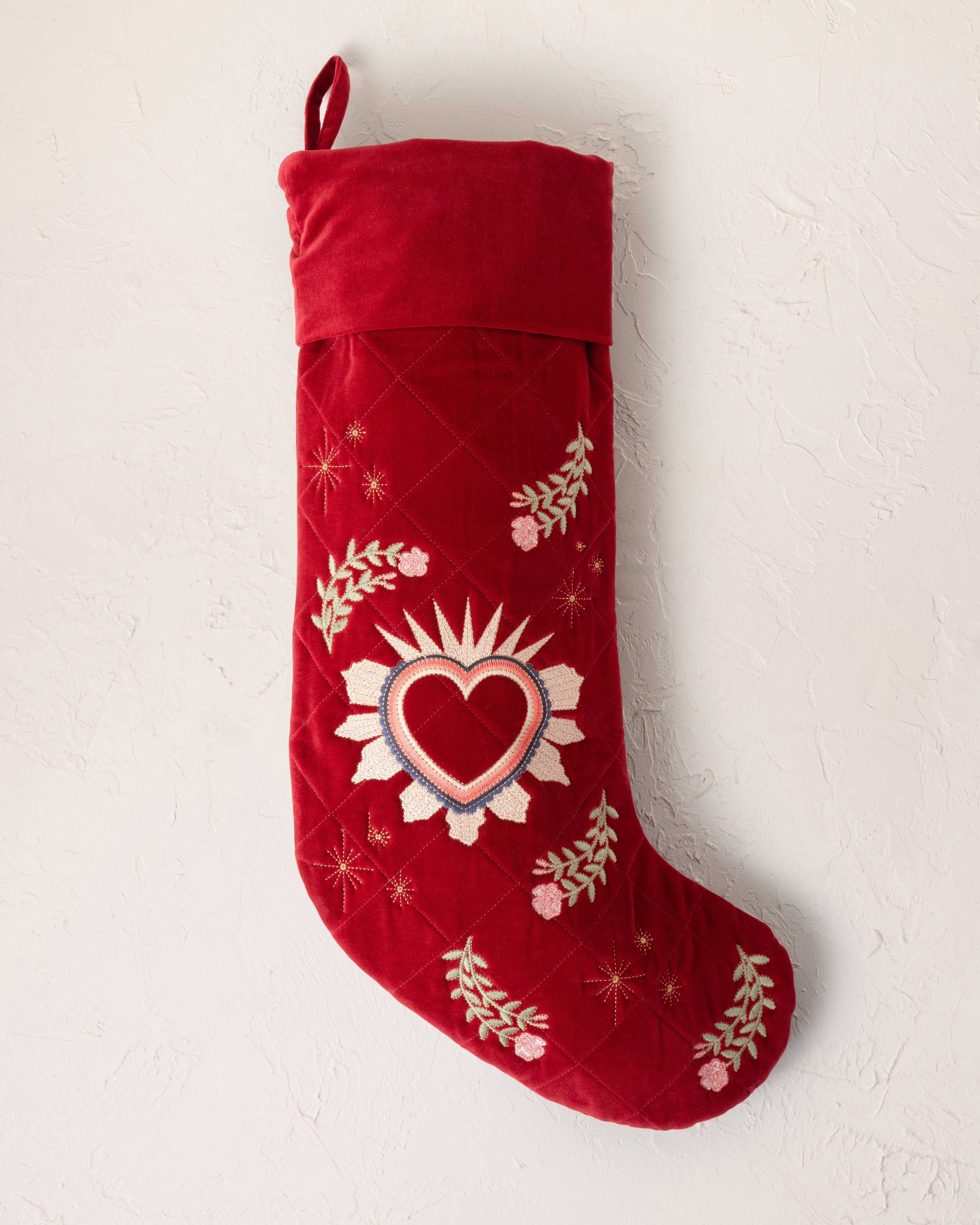 Elizabeth Scarlett Velvet Stocking Rouge Sacred Heart - Elegant Christmas Stockings for Fireplace Decor, Holiday Gift Exchange & Festive Home Decoration