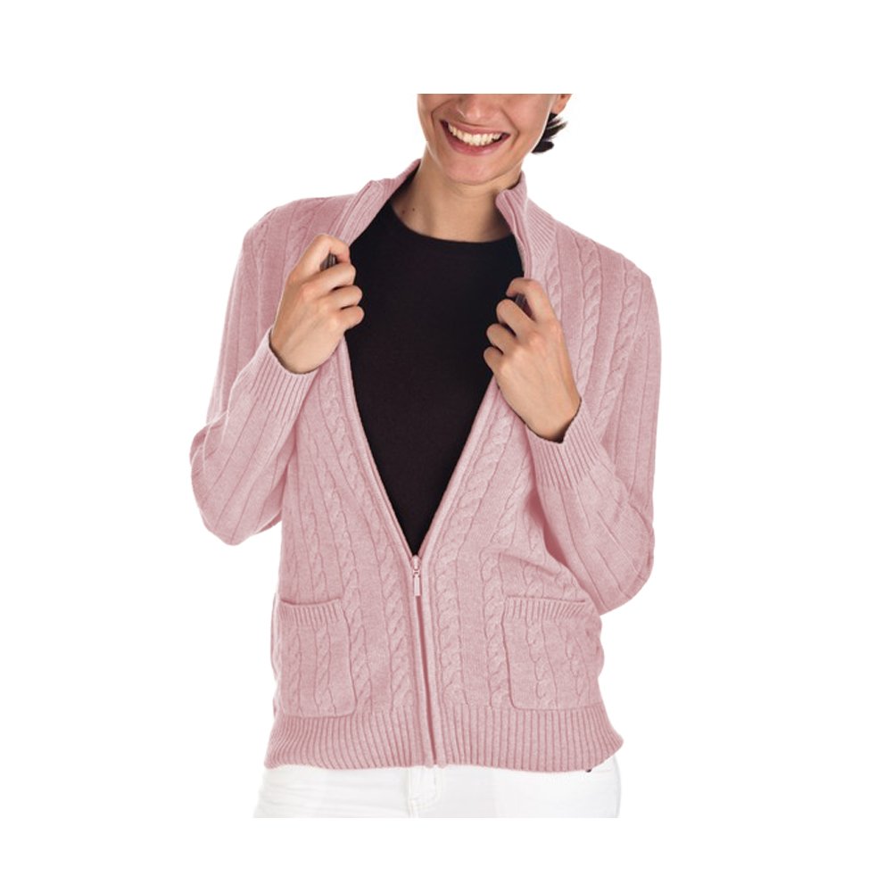 Parisbonbon Women's 100% Cashmere Mock Neck Cardigan Sweater - Soft Shell Pink Color, Size Large - Perfect for Office Wear, Fall Layering & Casual Outfits
