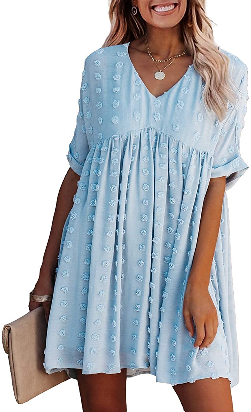 OURS Women's Summer Short Sleeve Flowy Mini Dress - V Neck Sexy Casual Sundress with Loose Swiss Dot Pattern | Perfect for Beach Vacations, Date Nights & Summer Parties
