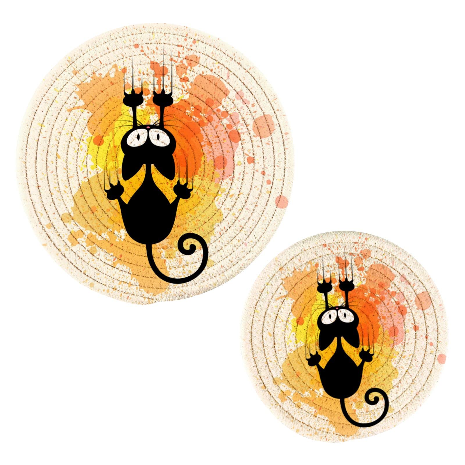 Round Cotton Placemats & Trivets Set (2-Piece) - Heat-Resistant for Hot Dishes, Pots & Pans | Cute Cartoon Cat Design | Boho Woven Kitchen Coasters & Potholders | Perfect for Dining Tables, Kitchen Countertops & Home Decor