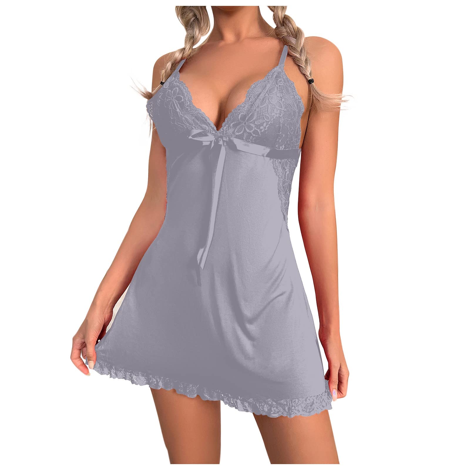 Luxury Silk Pajama Set for Women - Super Soft Satin Sleepwear with Lace Trim, Sexy Deep V Chemise & Thong Underwear Set (Gray) - Perfect for Valentine's Day, Honeymoon & Romantic Nights