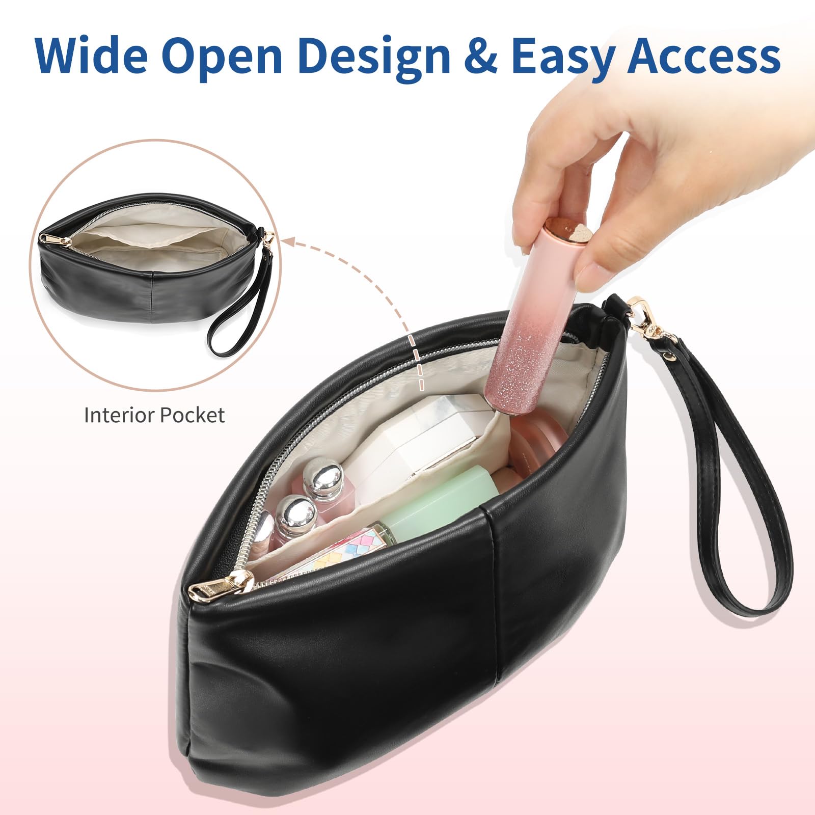 Small Makeup Bag for Women | Waterproof PU Leather Travel Cosmetic Organizer | Portable Cute Makeup Pouch for Cosmetics & Toiletries | Perfect for Travel, Gym & Daily Use (Black)