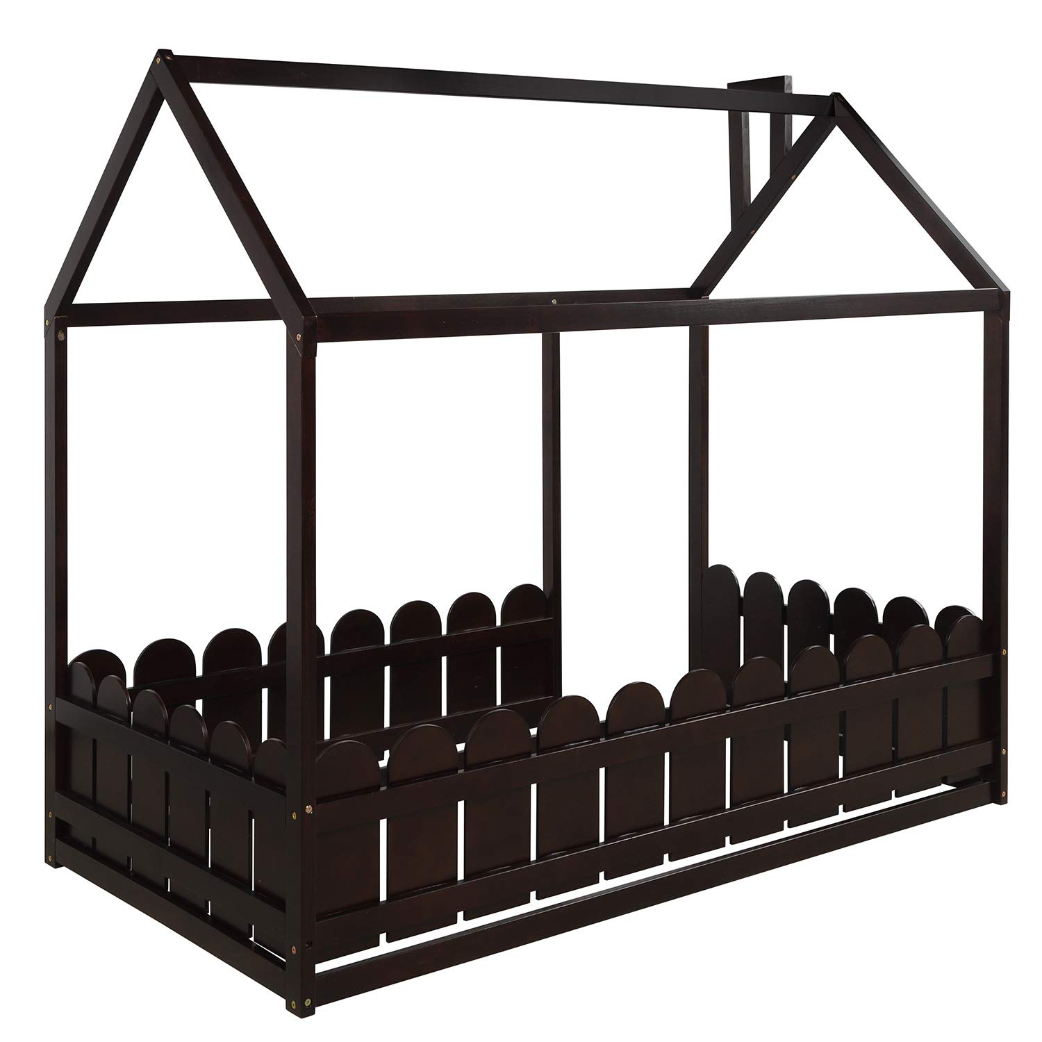 **Harper & Bright Designs Twin House Bed Frame with Roof & Fence - Espresso Wood Floor Bed for Toddlers, Kids & Teens - No Box Spring Needed - Perfect for Bedrooms, Playrooms & Montessori Spaces**