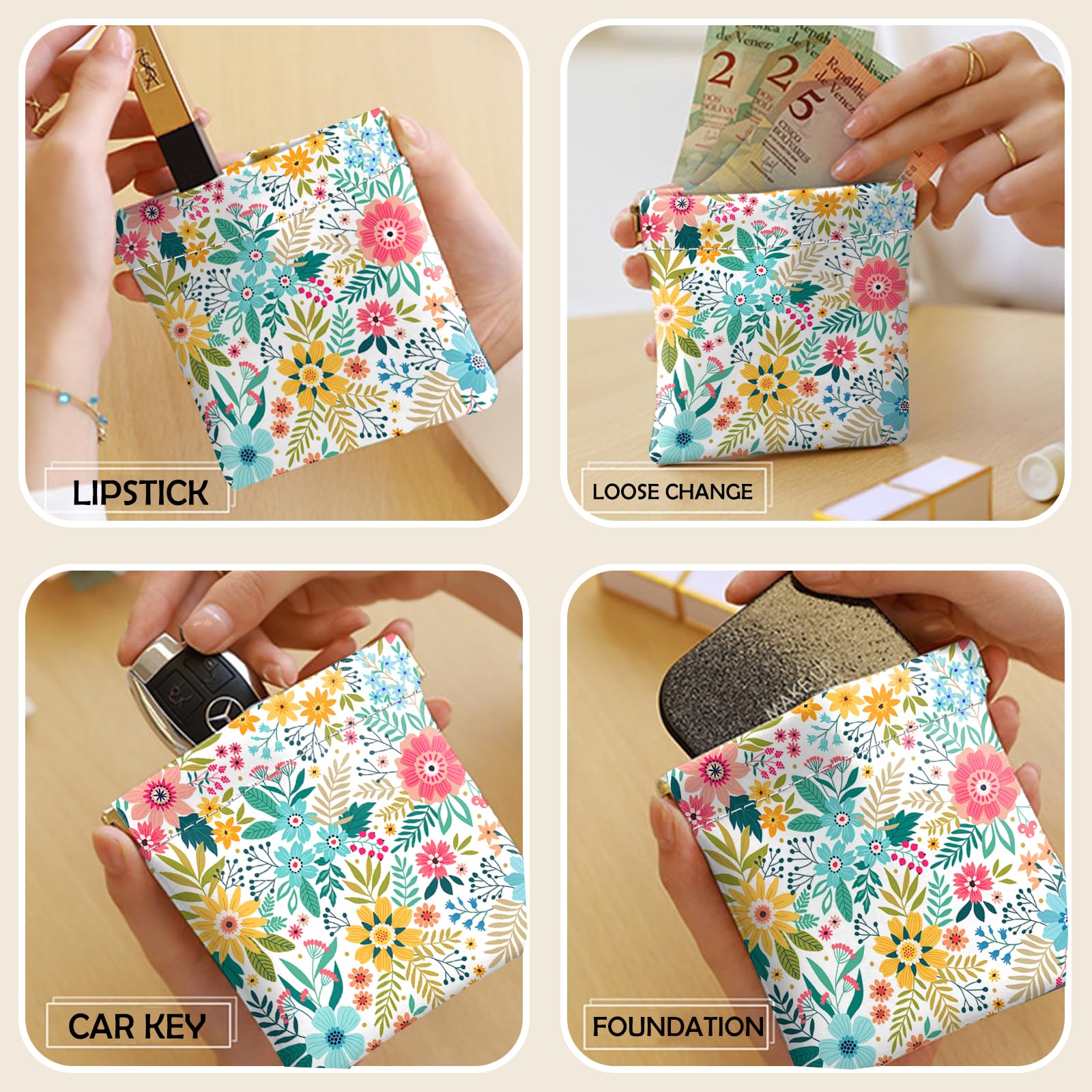 2 PCS Small Squeeze Coin Purse - Soft PU Leather Mini Wallet & Change Bag for Women, Girls, Men - Floral Design - Perfect for Travel, Shopping, and Everyday Use