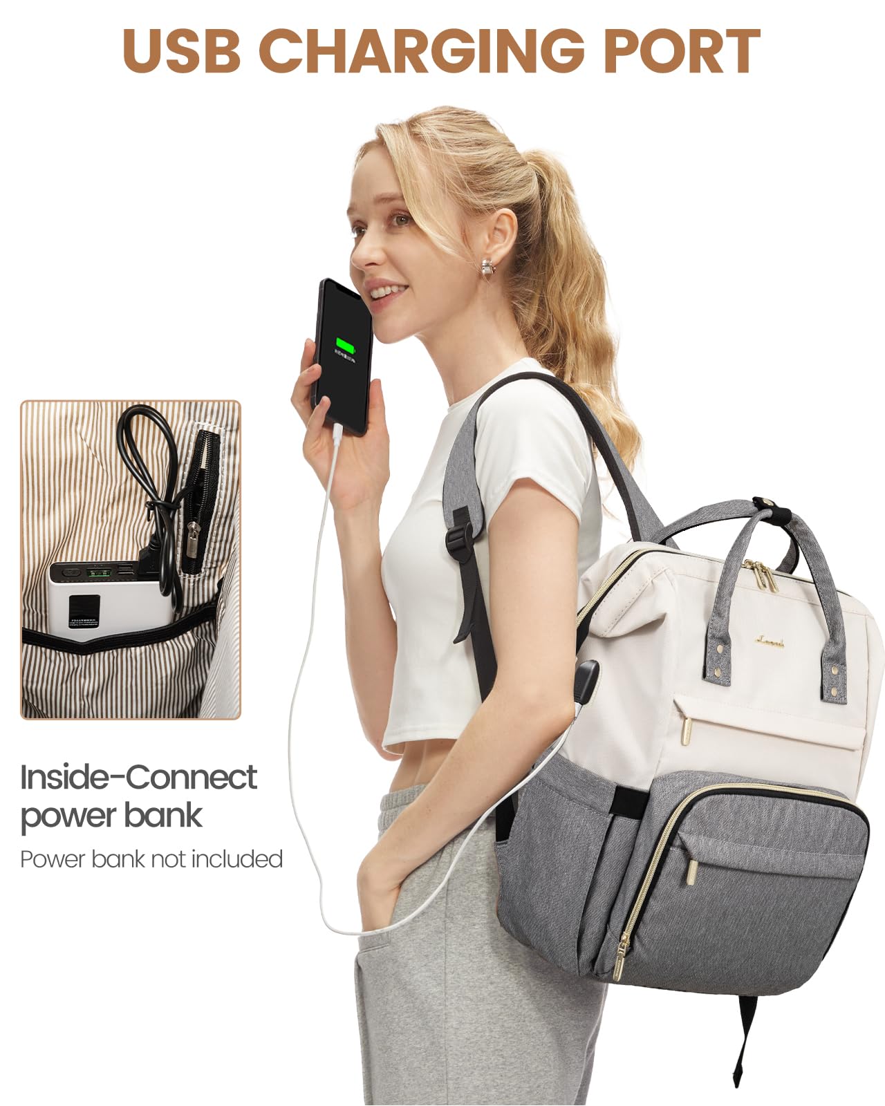 LOVEVOOK Stylish Laptop Backpack for Women - Fashionable Beige Grey Computer Backpack, Perfect for School, Work, Travel, and Daily Commute, Fits 15.6-Inch Laptop