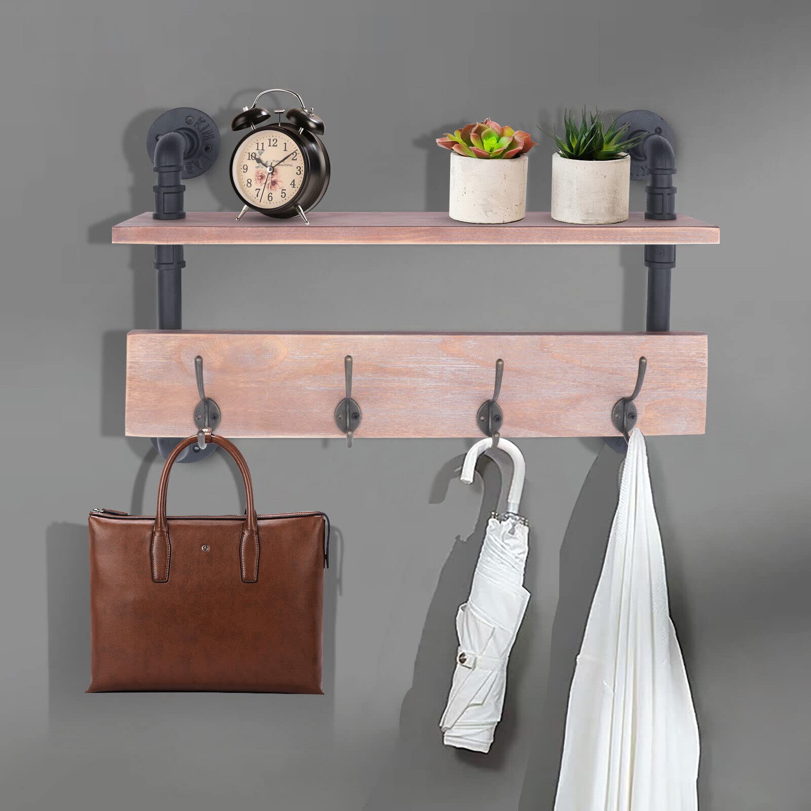 Industrial Pipe Wall Coat Rack with 4 Metal Hooks & Shelf - Rustic Entryway Storage Organizer for Hanging Coats, Hats & Bags - Perfect for Hallway, Bathroom, Living Room & Mudroom Organization